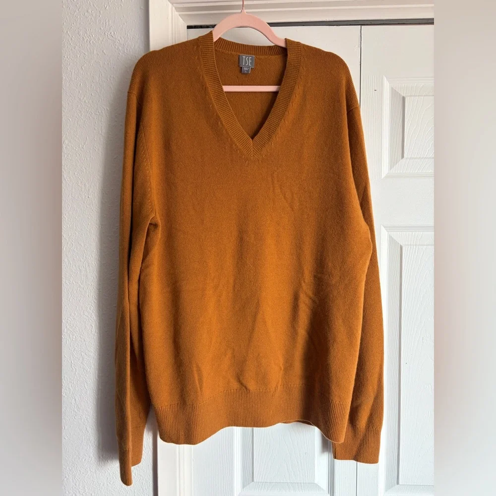 TSE 100% Pure Cashmere V-Neck Sweater in Golden Orange Yellow
